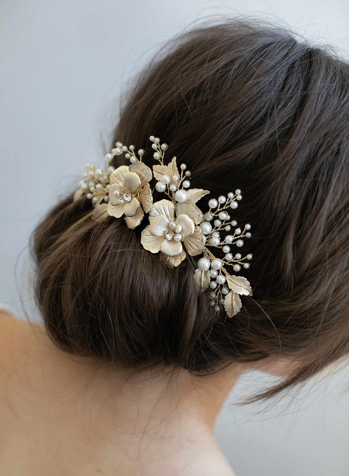 Dark Brown Low Bun With Gold Hair Comb — Bridal Hair Accessories