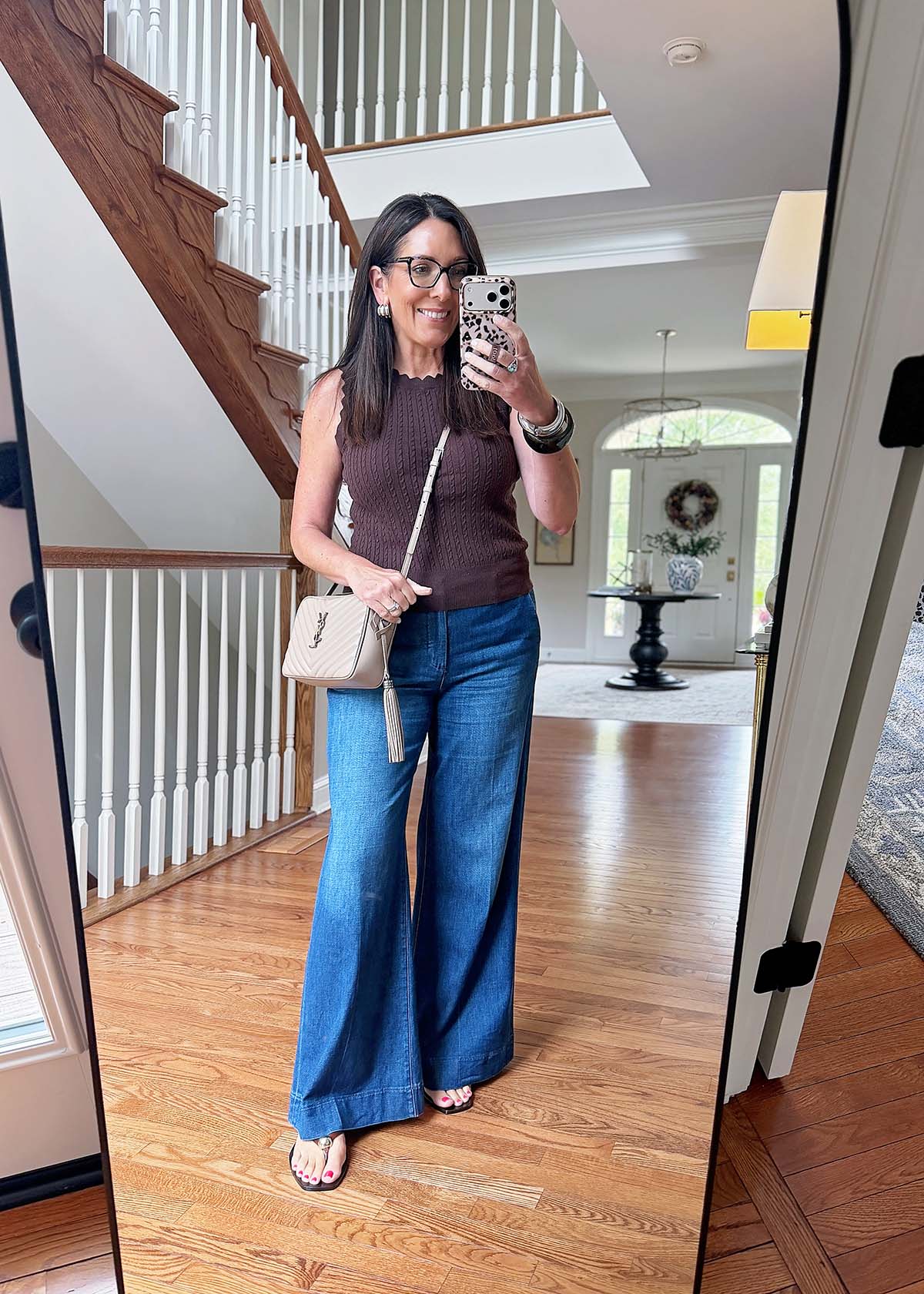 Dark Blue Wide Leg Jeans with a Sleeveless Knit Top