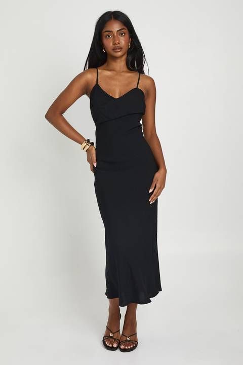 Simple Black Slip Midi Dress with Heeled Sandals and Gold Bracelet — Midi Dress Outfits