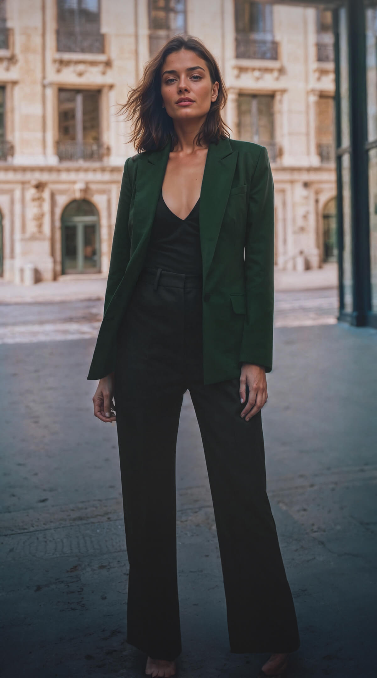 Sharp Dark Green Blazer with Black Wide-Leg Trousers — Green Outfits
