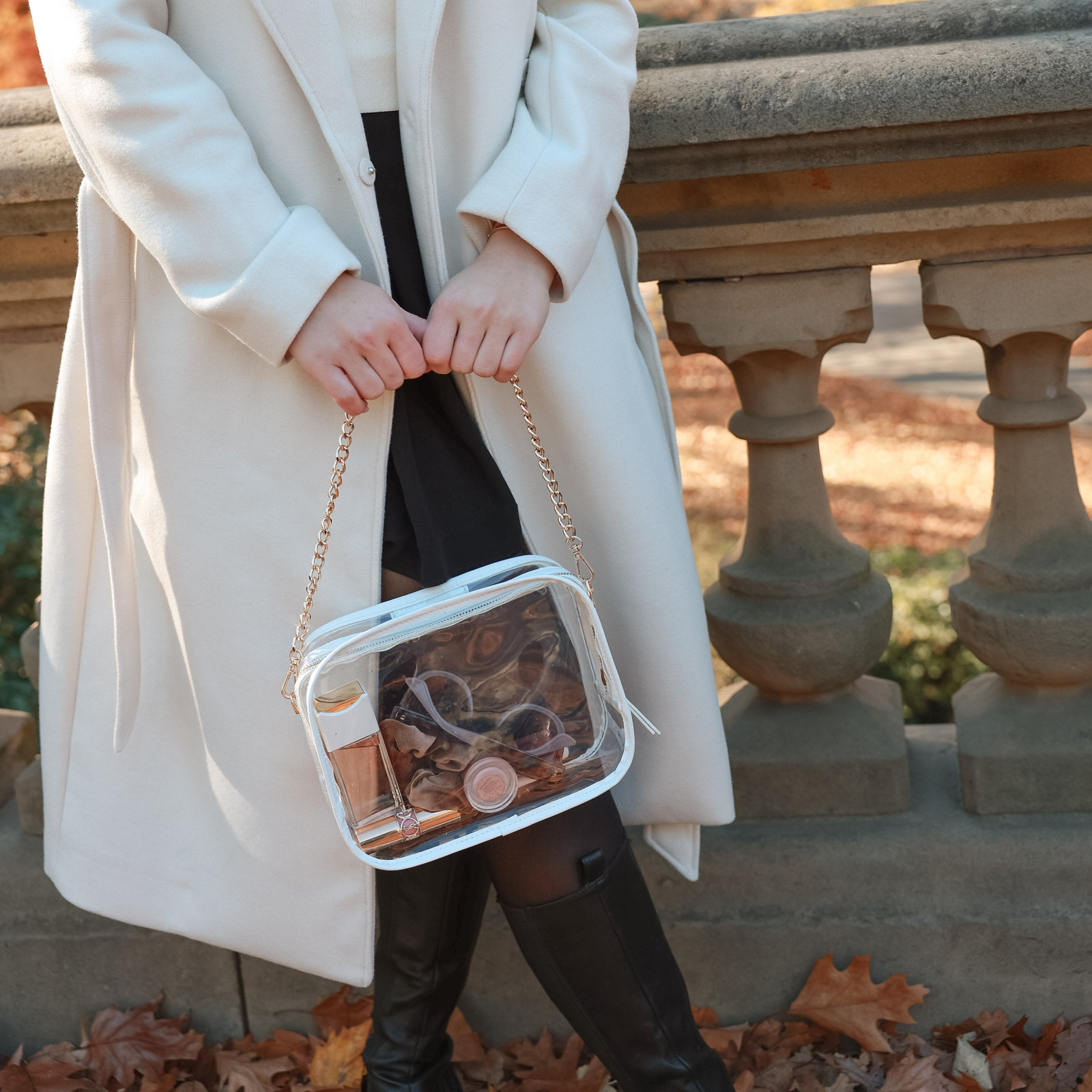Autumn Layers: Clear Handbag with Wool Coat and Boots — Clear Bag Outfits