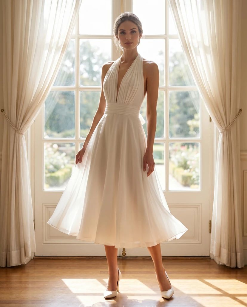 Ivory Chiffon Halter Neck Wedding Dress with V-Neckline Ivory Chiffon Halter Neck Wedding Dress with V-Neckline — Tea Length Dresses