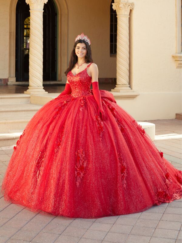 Red Ball Gown with Lace Bodice and Large Back Bow — Sweet 16 Dresses