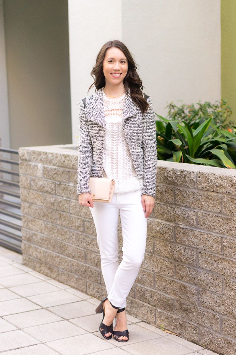 Lace Knit Top Under a Textured Blazer Lace Knit Top Under a Textured Blazer — Lace Top Outfits