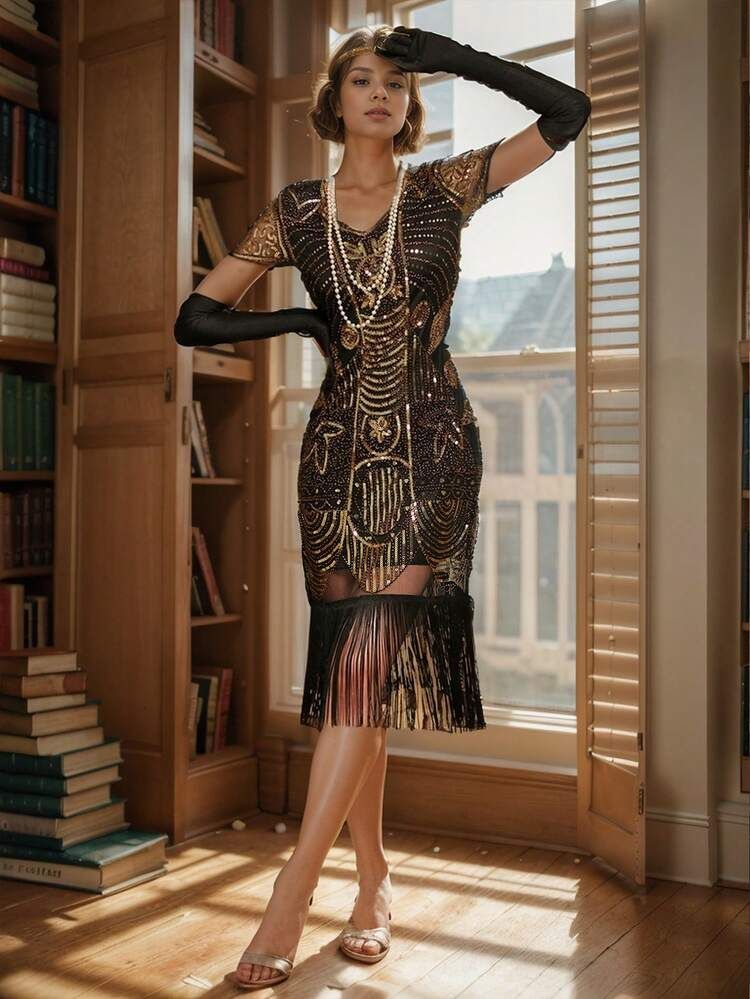 Gold and Black Sequined Flapper Dress for Vintage Evening Style Gold and Black Sequined Flapper Dress for Vintage Evening Style — Outfits for Women in Their 20s