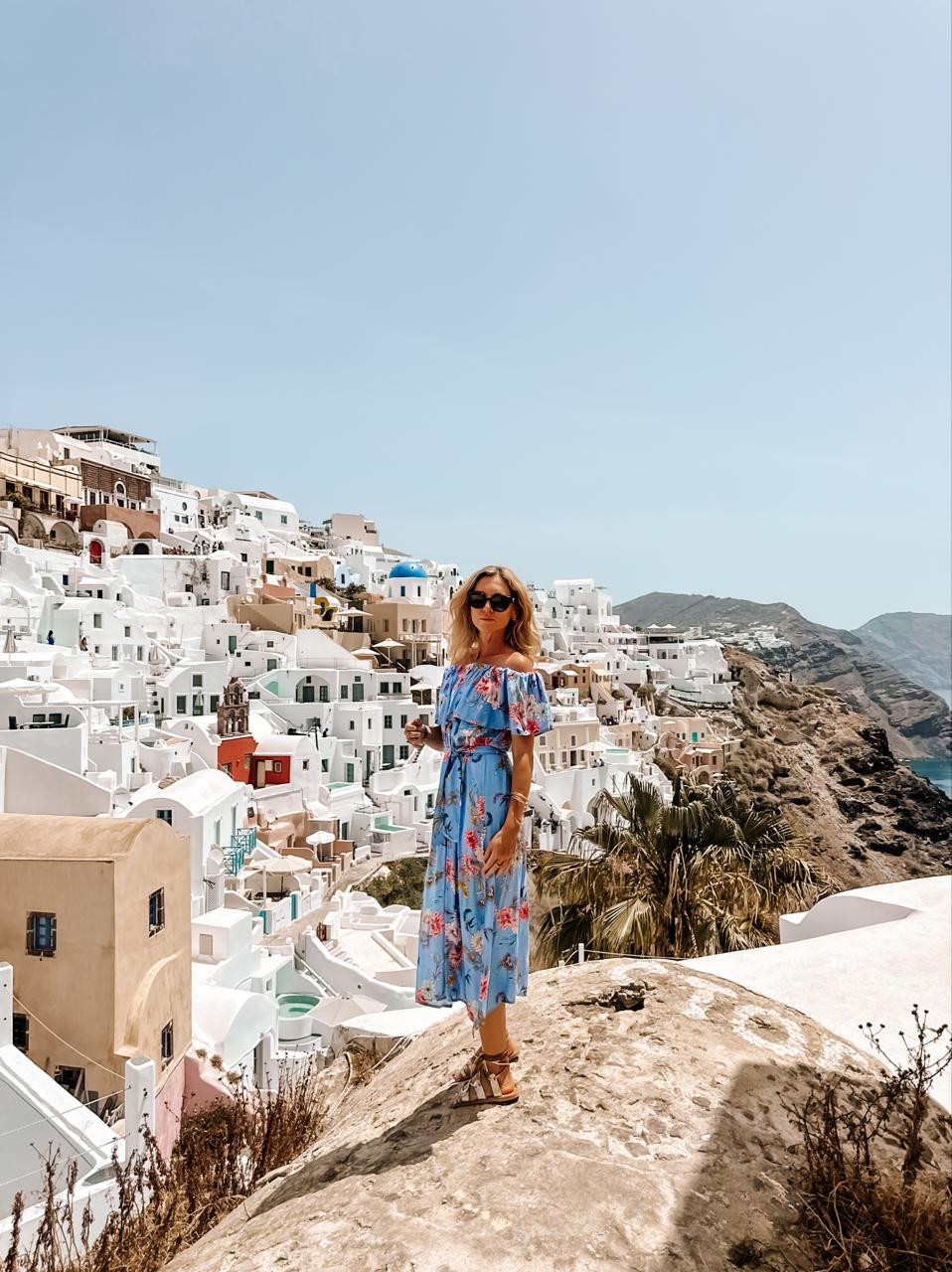Santorini Evening Charm: Blue Floral Midi Dress — Santorini Outfits