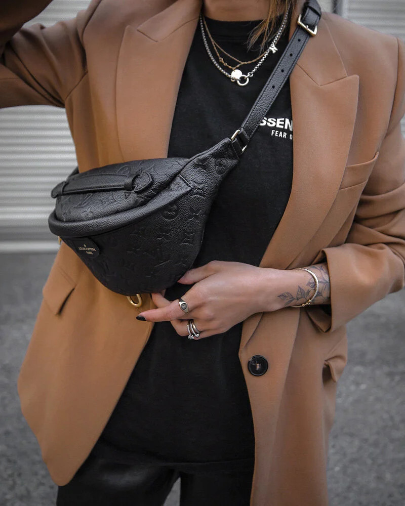 Polished Casual: Camel Blazer, Leather Pants, and Embossed Bumbag Polished Casual: Camel Blazer, Leather Pants, and Embossed Bumbag — Louis Vuitton Bag Outfits