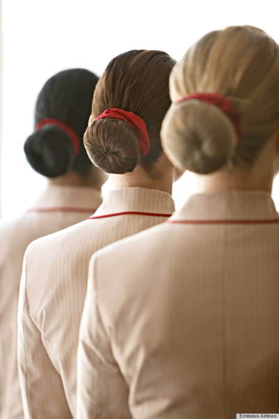 Uniform Buns with Red Accessory — Hairstyles for Flight Attendants