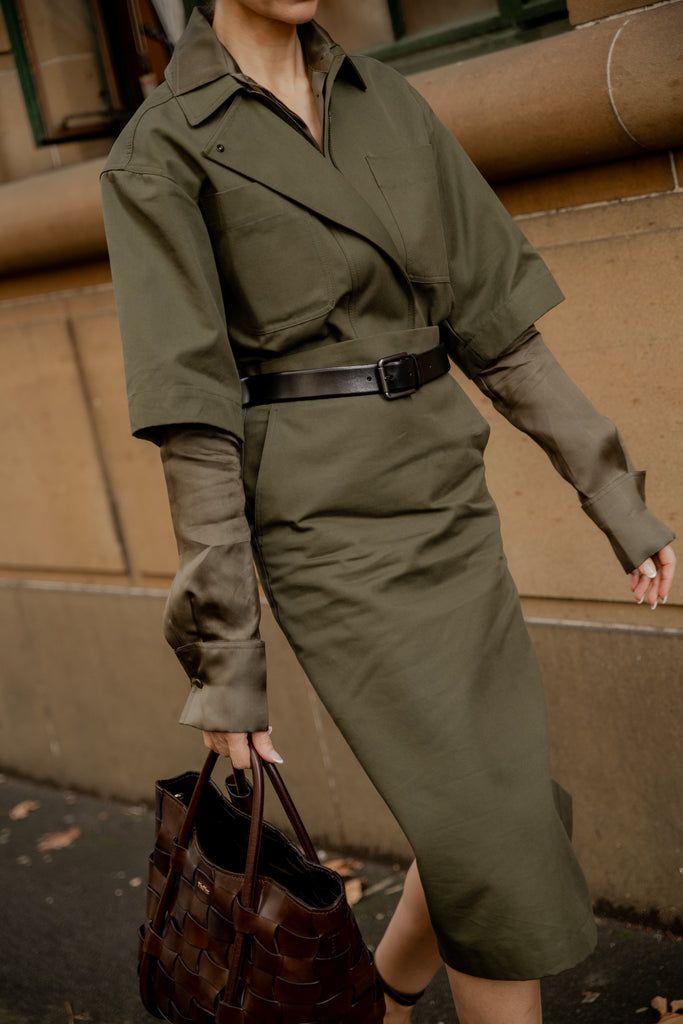 Layered Utility: Shirt Dress Over Satin Top Layered Utility: Shirt Dress Over Satin Top — Australia Outfits