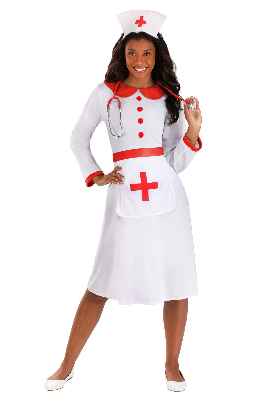Classic White Nurse Dress with Red Trim and Cap Classic White Nurse Dress with Red Trim and Cap — Nurse Outfits