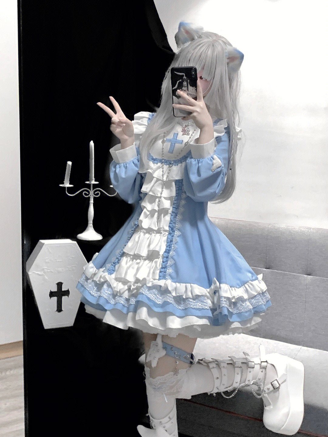 Tiered Ruffled Dress with Platform Boots and Cross Necklace — Angelcore Outfits