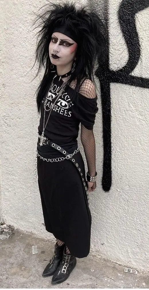 Off-the-Shoulder Top with Fishnet Sleeves and Chain Belt Off-the-Shoulder Top with Fishnet Sleeves and Chain Belt — Vampire Aesthetic Outfits
