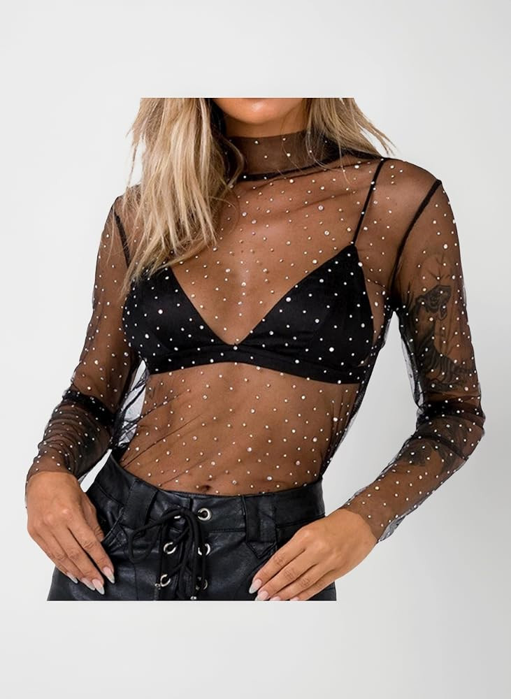 Rhinestone Embellished Mesh Top for Parties — Mesh Top Outfits