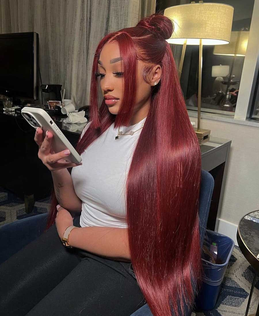 Burgundy With 99J Highlights Half-Up Style — Colored Wig Styles