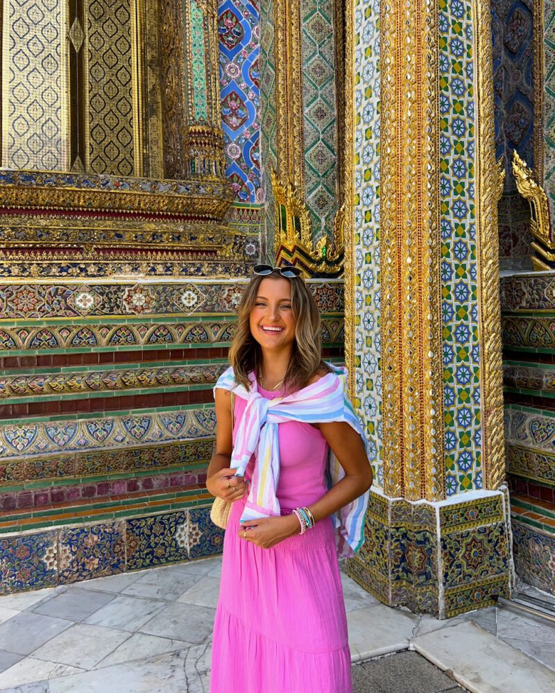 Hot Pink Maxi Dress with Striped Sweater for Temples — Thailand Outfits