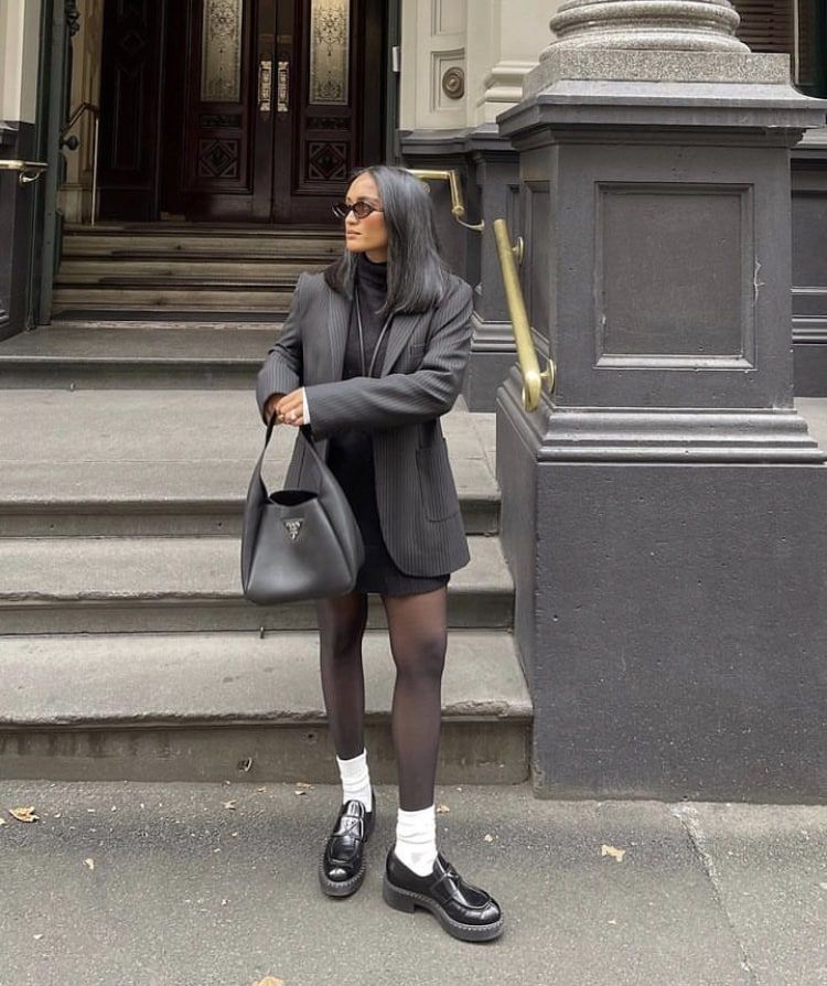 Pinstripe Blazer and Mini Dress with White Socks and Loafers — Chunky Loafers Outfits