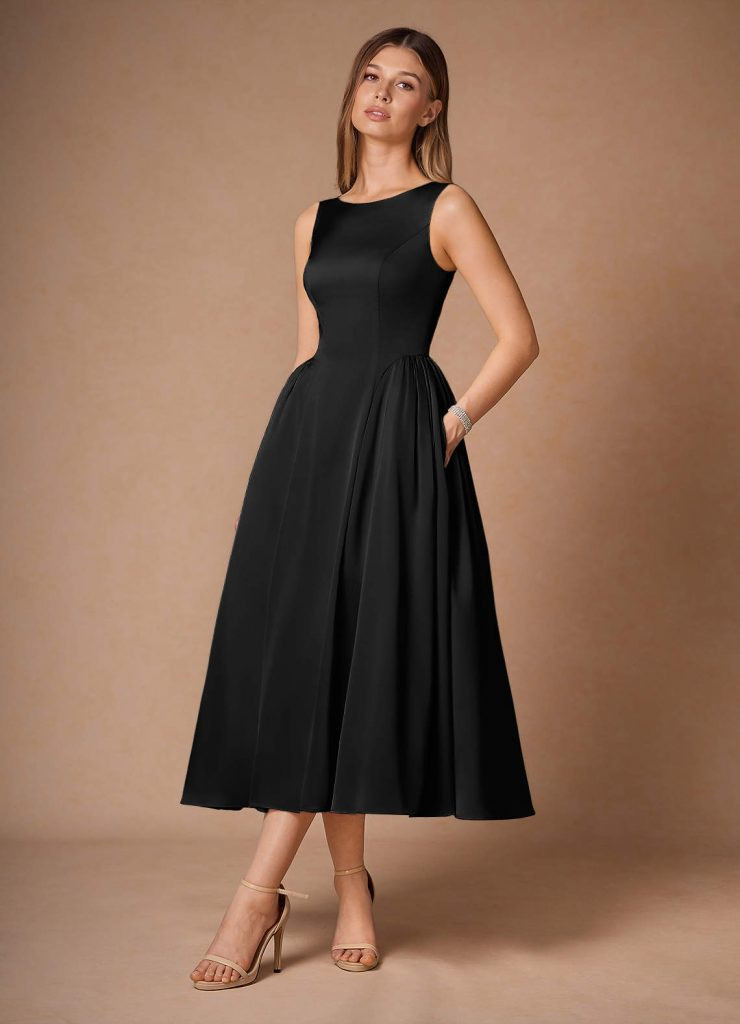 Classic Black Sleeveless Fit-and-Flare Midi Dress — Petite Dresses