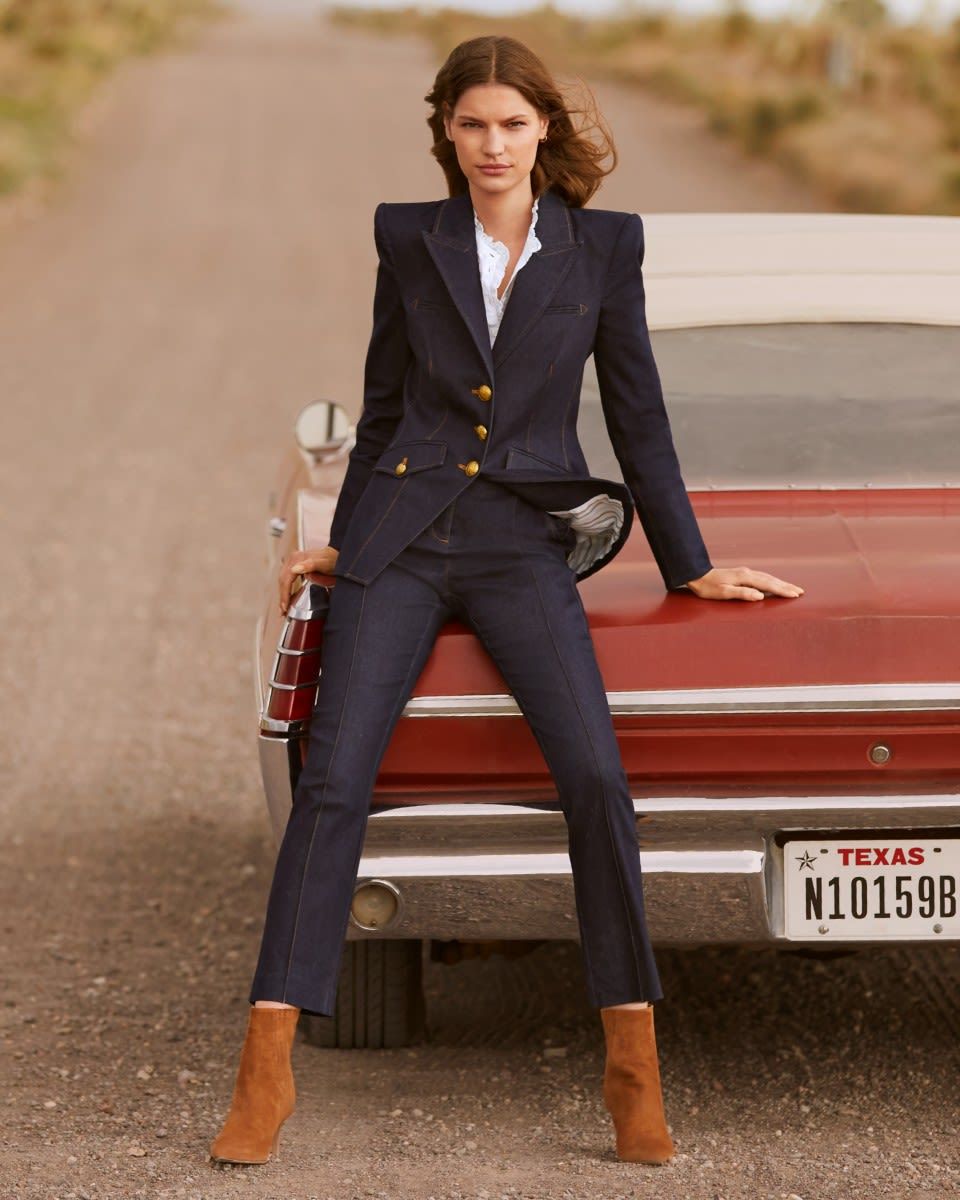 Dark Denim Suit with Tan Ankle Boots and Vintage Car Dark Denim Suit with Tan Ankle Boots and Vintage Car — Texas Outfits