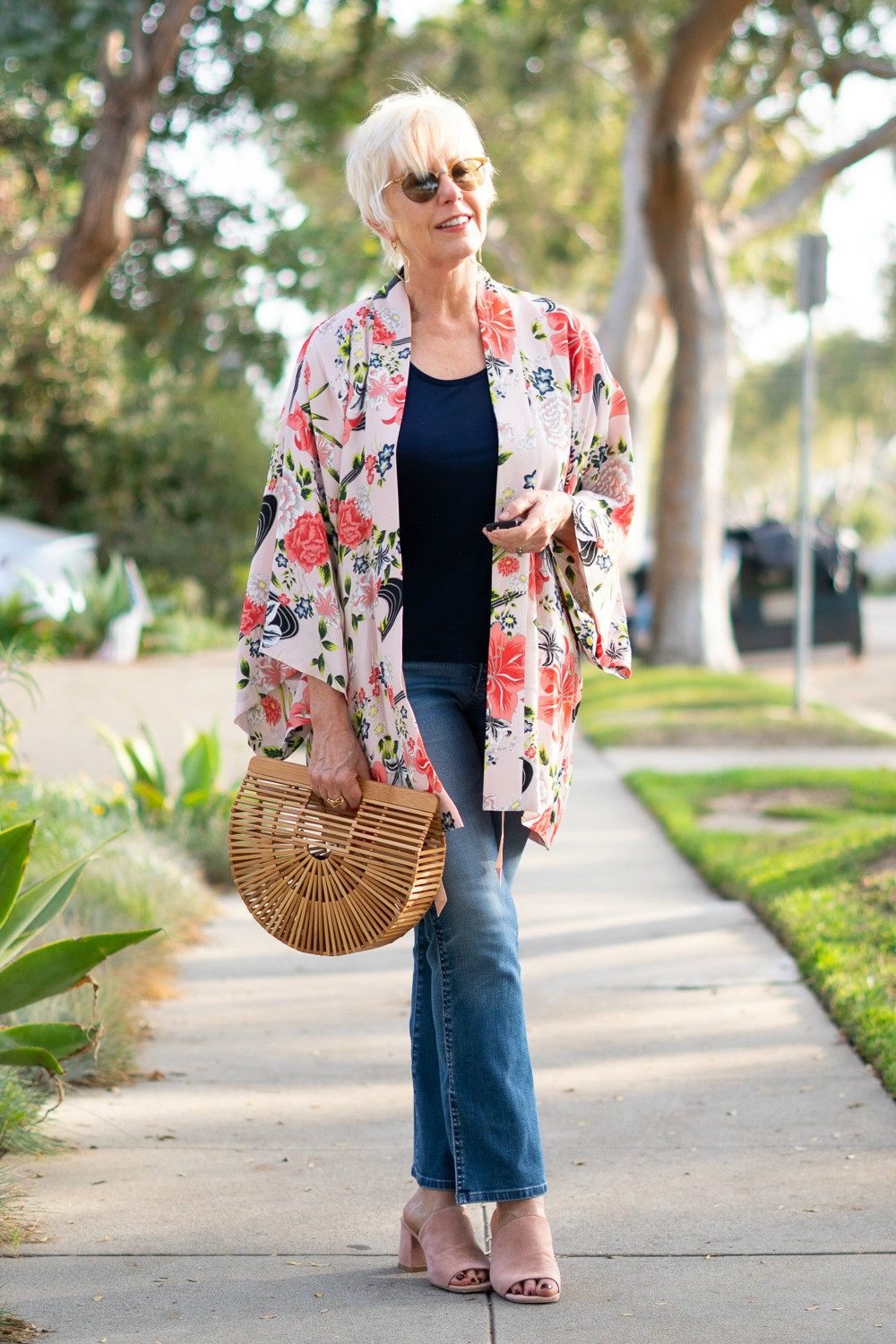 Light Pink Floral Kimono with Navy Top and Jeans — Kimonos