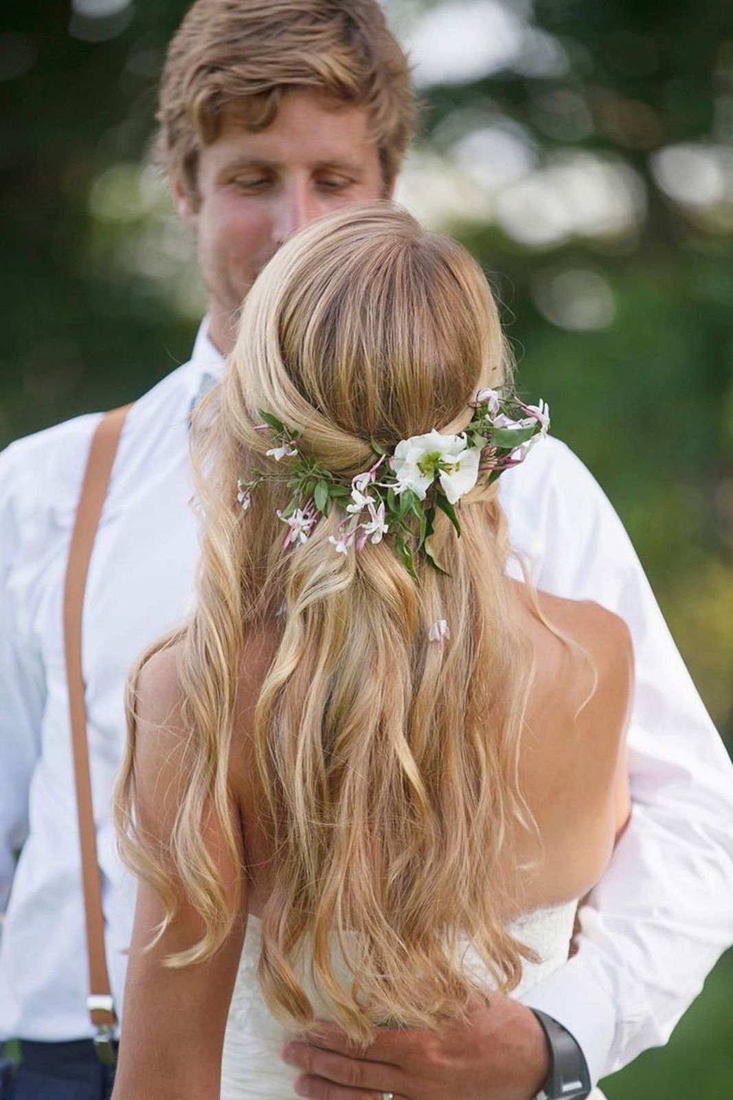 Ash Blonde Waves With Woven Foliage Ash Blonde Waves With Woven Foliage — Boho Wedding Hair