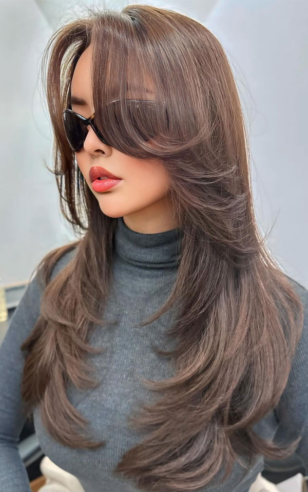 Cozy Chic: Grey Turtleneck with Curtain Bangs — Bangs with Layers