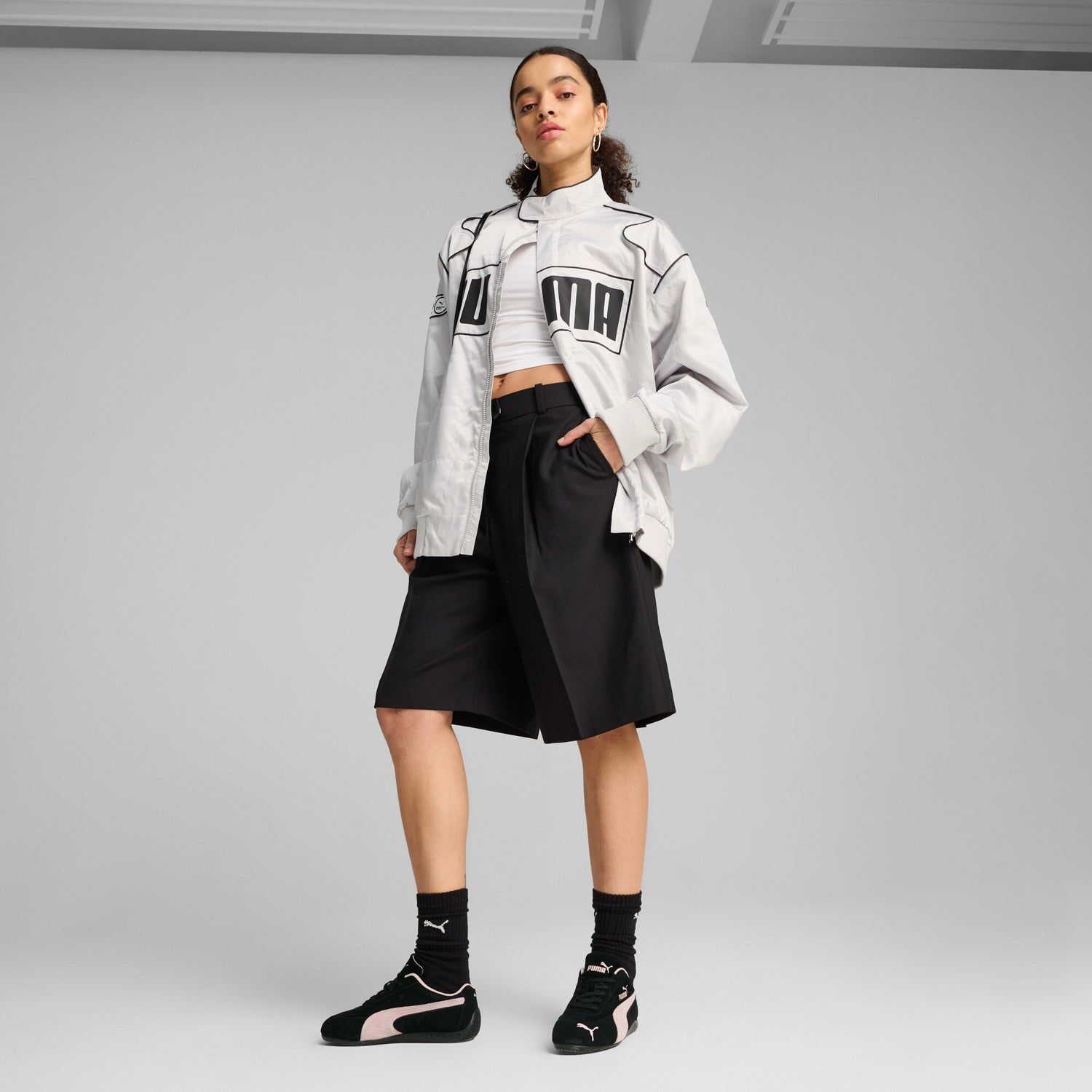 Athletic Casual: Branded Jacket, Crop Top, and Pink Speedcats Athletic Casual: Branded Jacket, Crop Top, and Pink Speedcats — Puma Speedcat Outfits