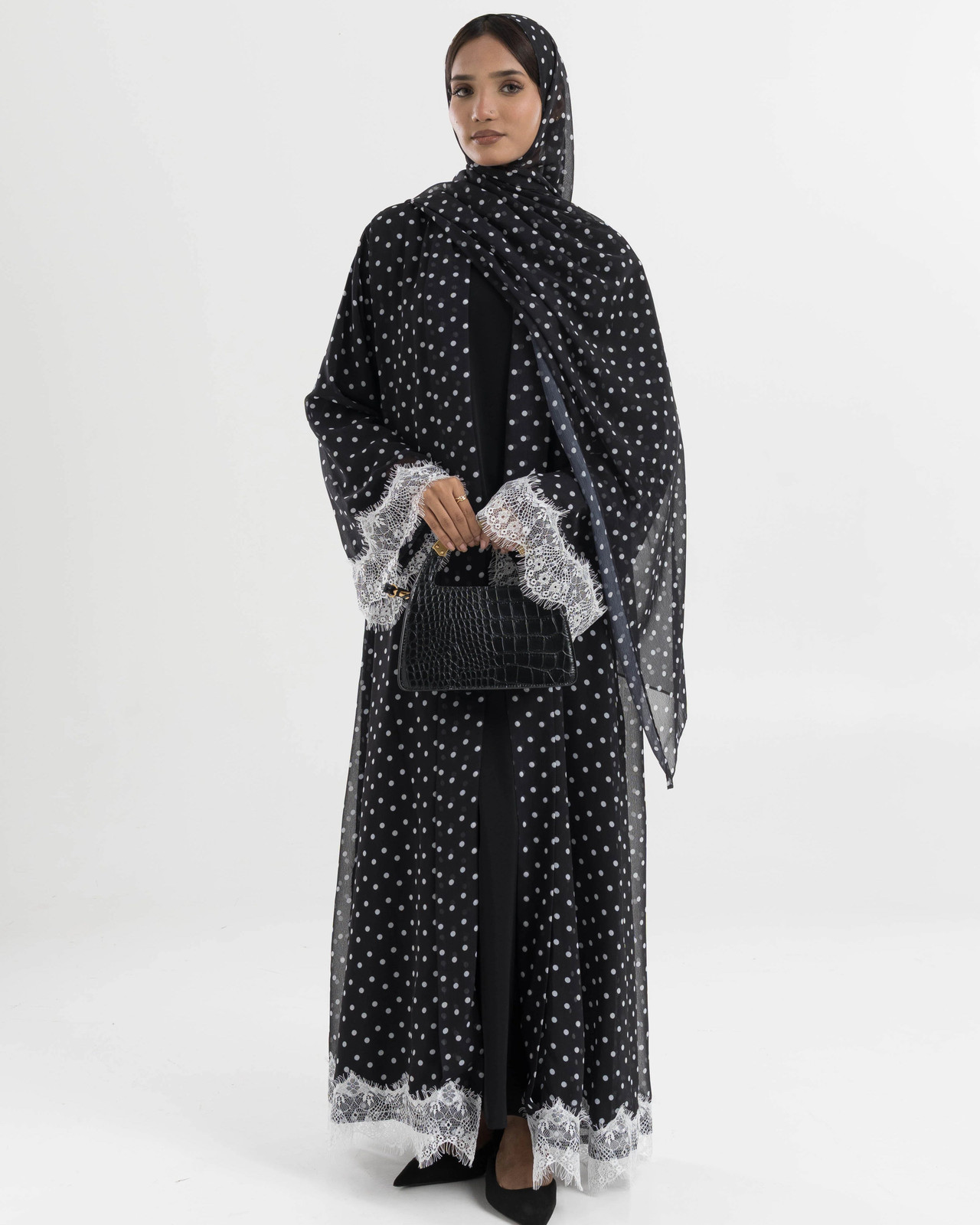 Black Polka Dot Chiffon Abaya with Lace Trim — Abaya Outfits