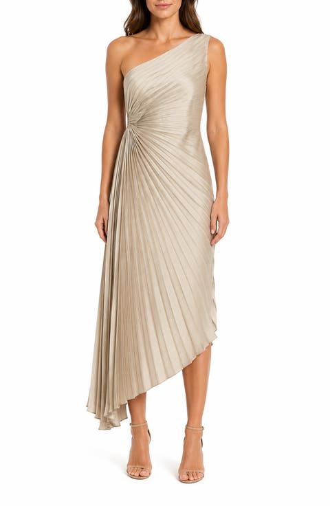 Semi Formal Cocktail Champagne Pleated Satin One-Shoulder Midi Dress with Asymmetrical Skirt — Semi Formal Dresses