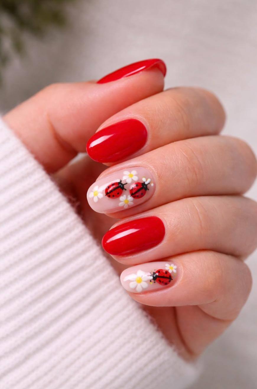 Red and Nude Ladybug Accent Manicure — Ladybug Nails