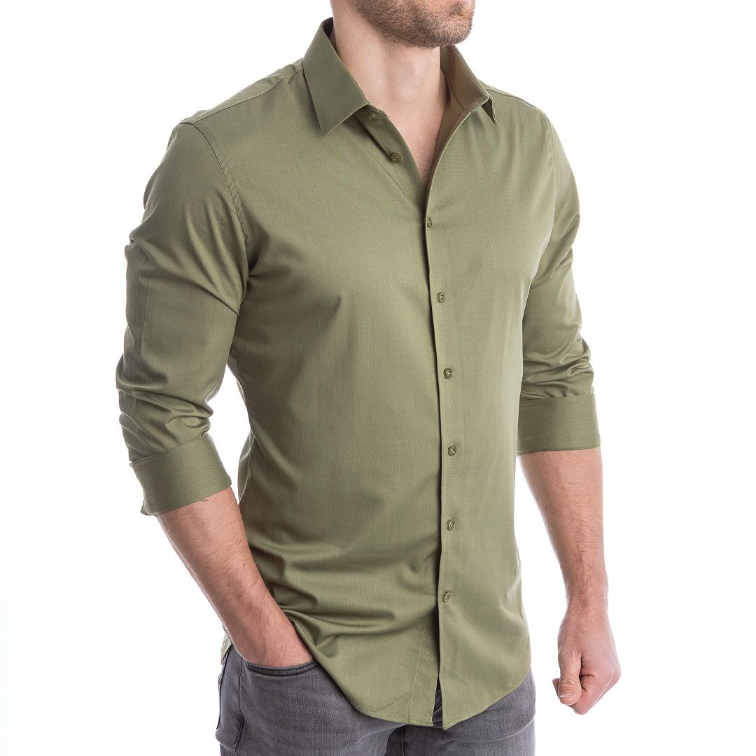 Fitted Olive Green Textured Button-Up with Grey Jeans — Button Up Shirts
