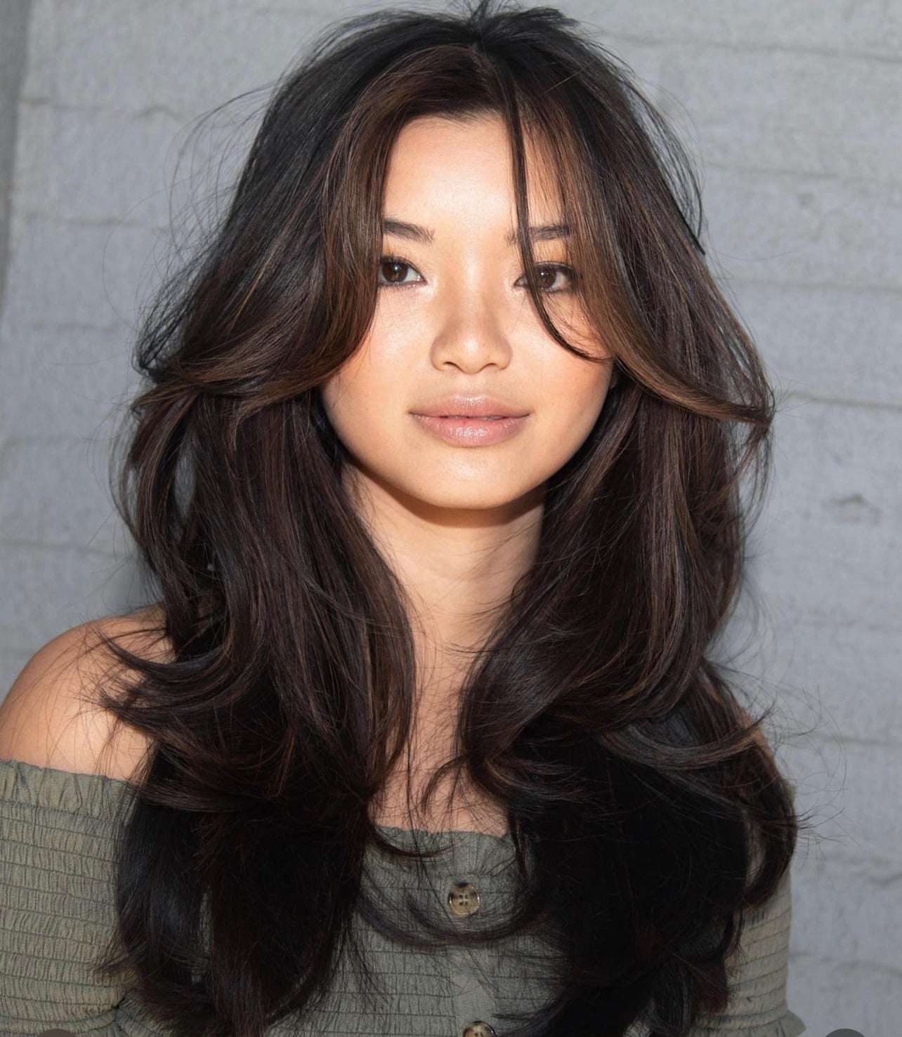 Dark Brown With Subtle Highlights Voluminous Butterfly With Curtain Bangs — Butterfly Haircut Medium Hair