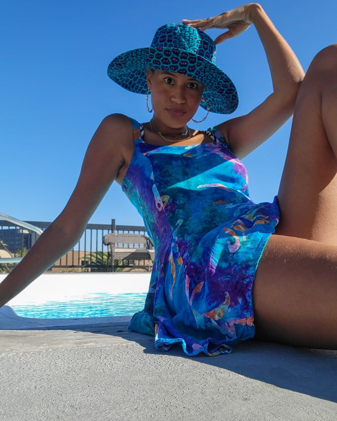 Blue Patterned Hat with Swimsuit and Cover-up Blue Patterned Hat with Swimsuit and Cover-up — Wide Brim Hat Outfits
