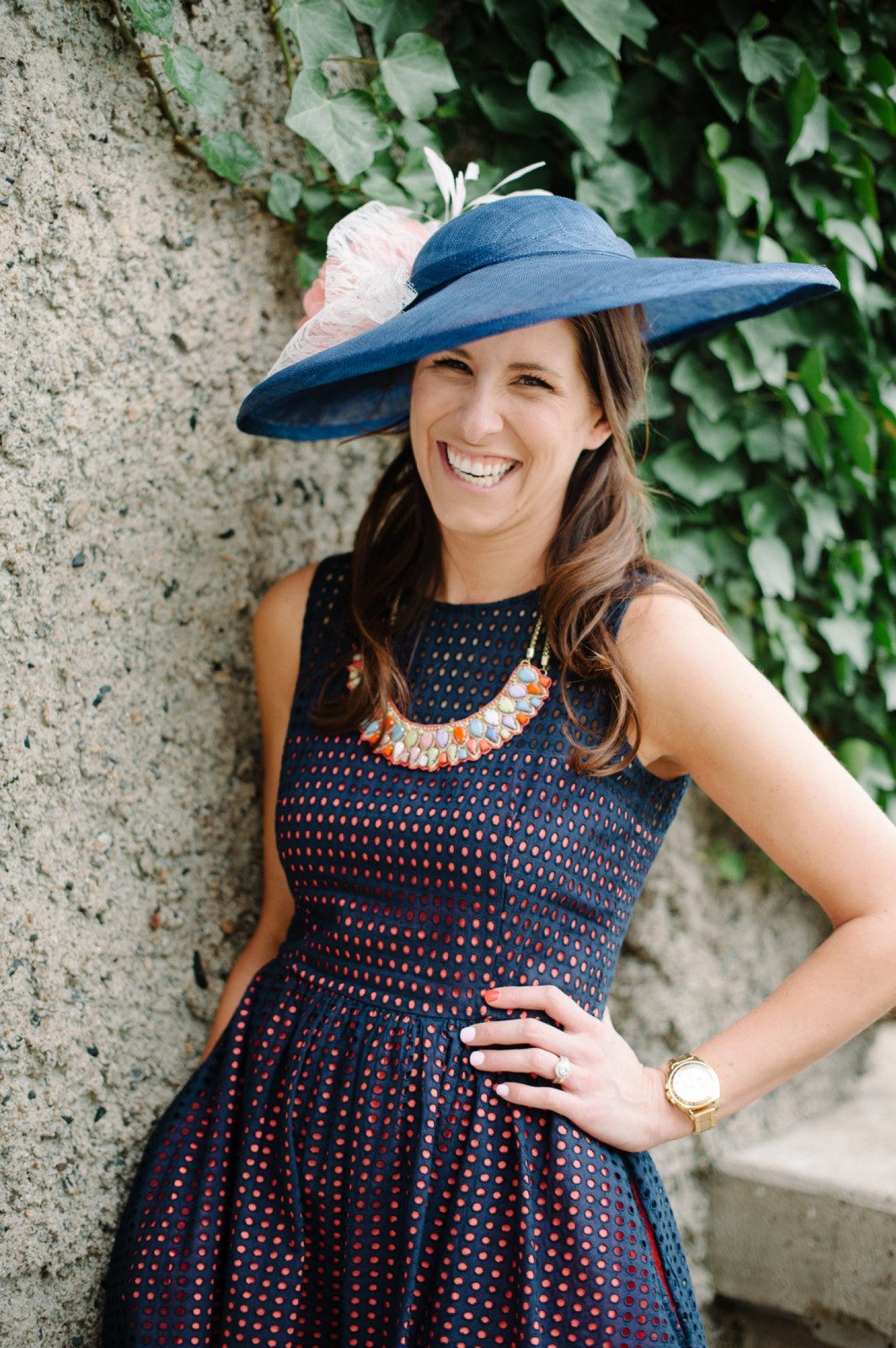 Navy Polka Dot Brocade Dress with Statement Necklace — Kentucky Derby Outfits