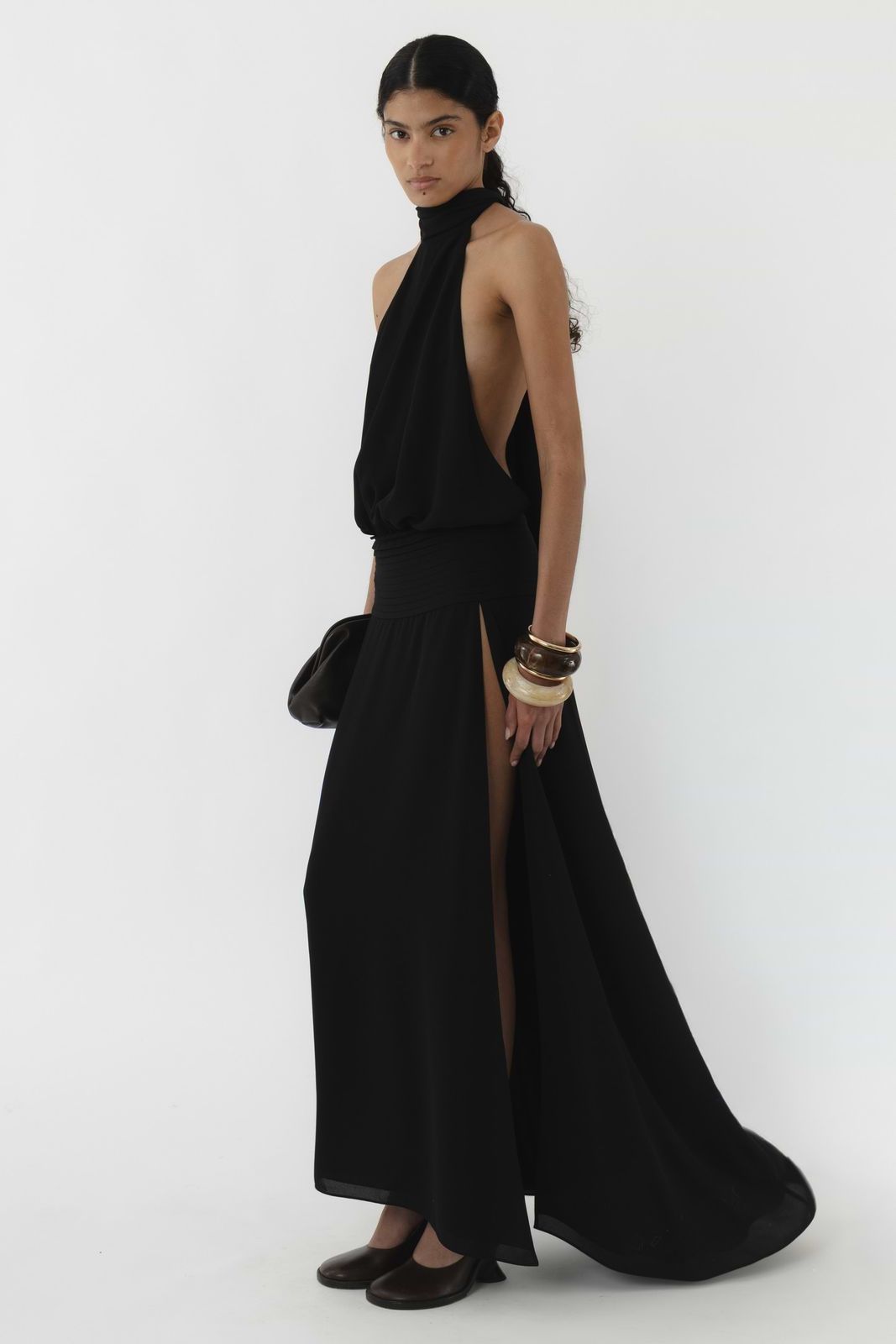 Black Crepe Halter Dress with Open Back and High Slit — Halter Dresses