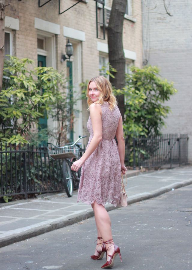 Dusty Rose Lace Dress: Casual Heel Pairing — Lace Dress Outfits