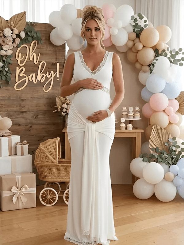 Ivory Ruched Maxi Dress with Lace Trim for a Classic Maternity Baby Shower Style Ivory Ruched Maxi Dress with Lace Trim for a Classic Maternity Baby Shower Style — Baby Shower Dresses