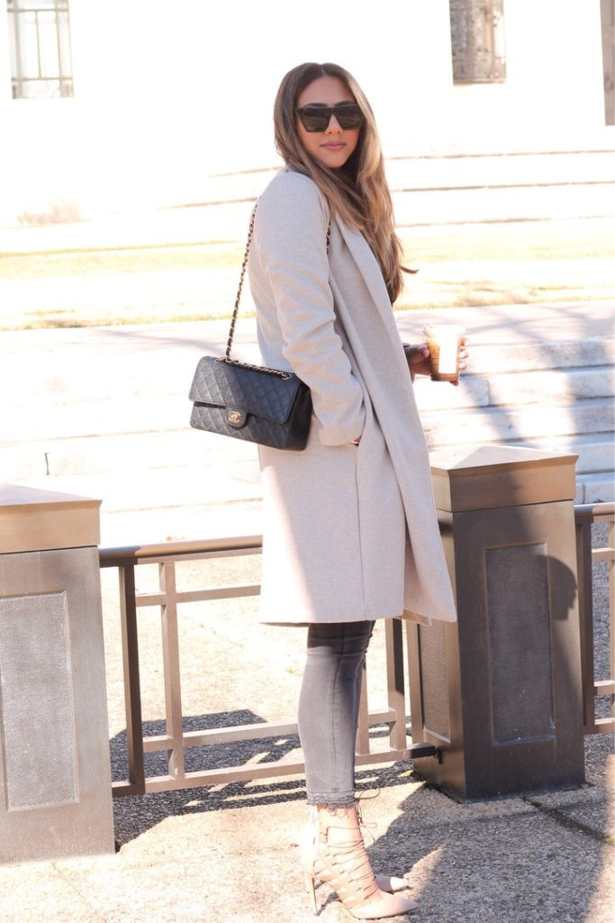 Cream Coat and Grey Jeans with Black Quilted Chanel Bag Cream Coat and Grey Jeans with Black Quilted Chanel Bag — Chanel Bag Outfits