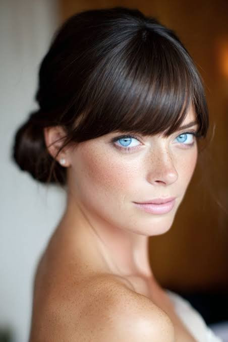 Light Brown Messy Low Bun — Low Bun with Bangs