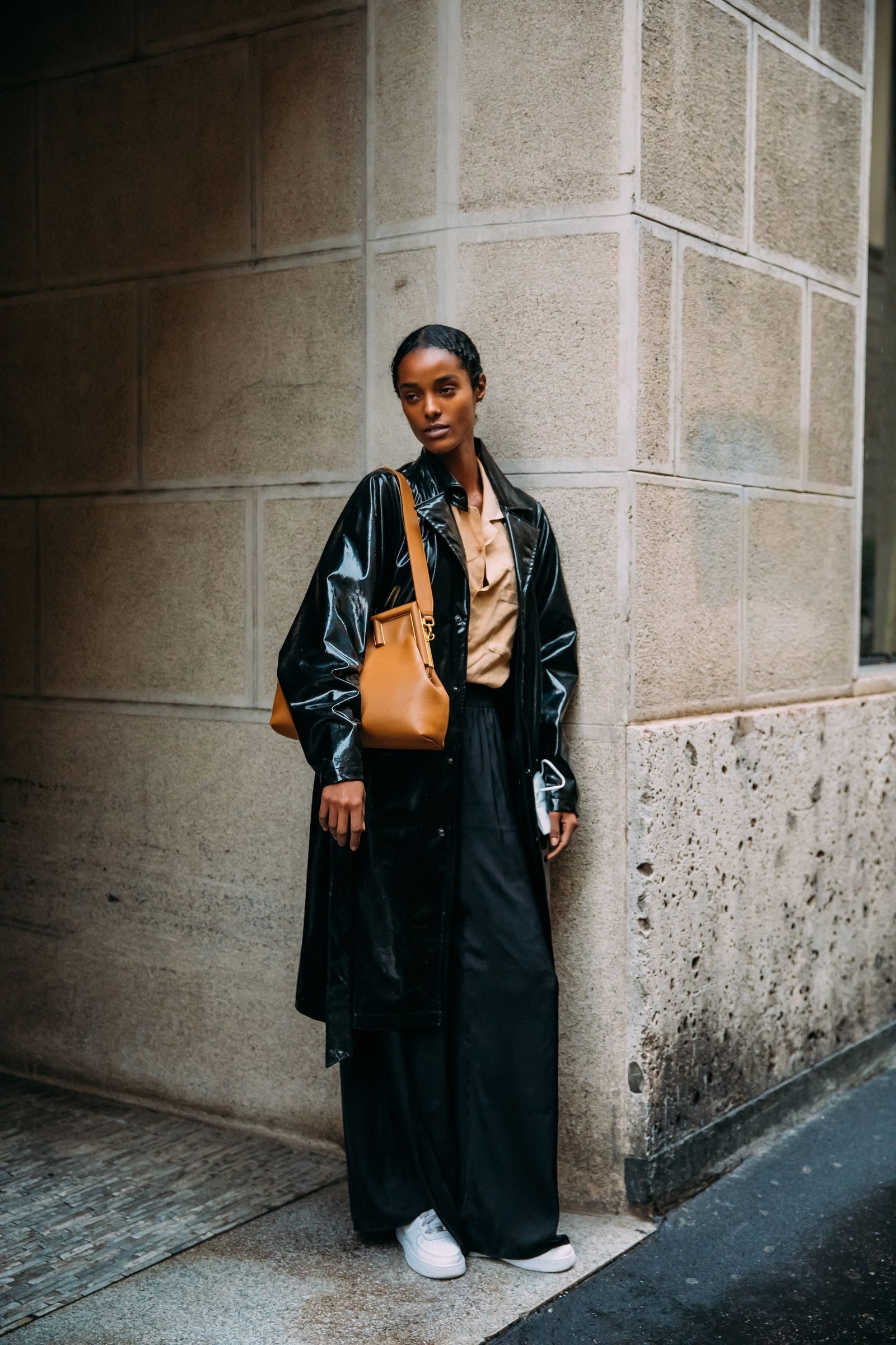 Patent Trench Coat and Wide-Leg Pants with Brown Crossbody Bag Patent Trench Coat and Wide-Leg Pants with Brown Crossbody Bag — Shoulder Bags