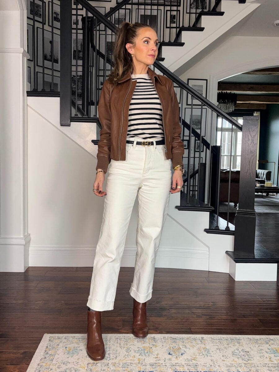 Brown Bomber Jacket with Striped Tee and Cream Jeans — Bomber Jacket Outfits