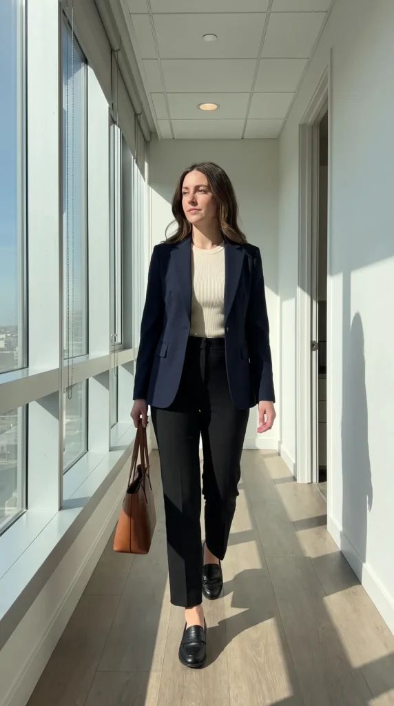 Sharp Navy Blazer with Ribbed Knit Top and Straight-Leg Trousers Sharp Navy Blazer with Ribbed Knit Top and Straight-Leg Trousers — Business Trip Outfits