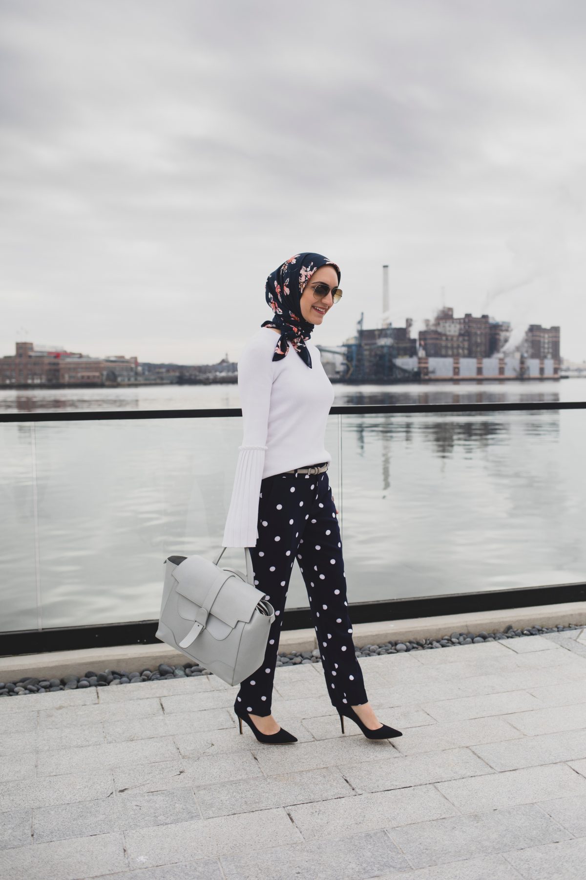 Floral Print Hijab with Polka Dot Trousers — Hijab Work Outfits