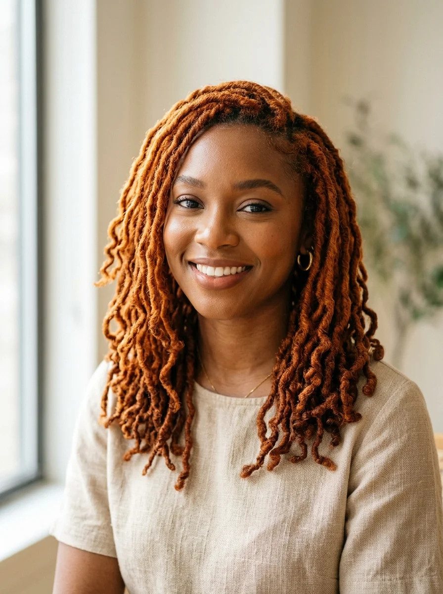 Shoulder-Length Wavy Locs In Uniform Ginger Shoulder-Length Wavy Locs In Uniform Ginger — Ginger Locs