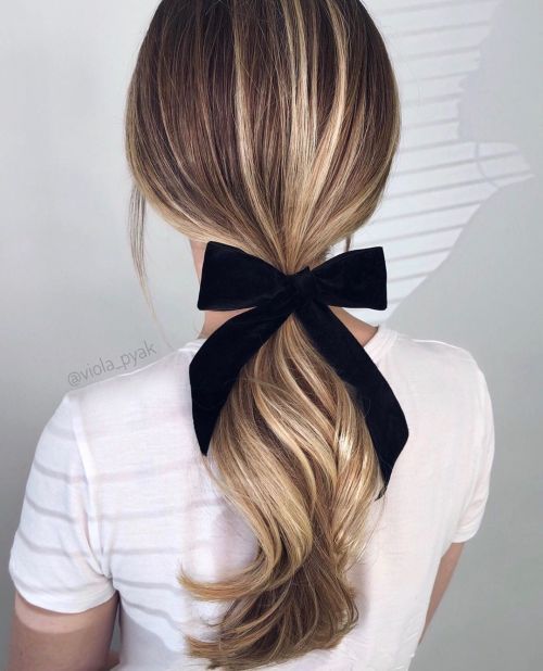 Honey Blonde Waves With Black Velvet Bow — Low Ponytail with Bow