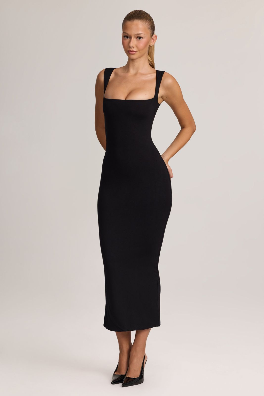 Black Ribbed Knit Bodycon Midi Dress with Tank Straps Black Ribbed Knit Bodycon Midi Dress with Tank Straps — Square Neck Dresses