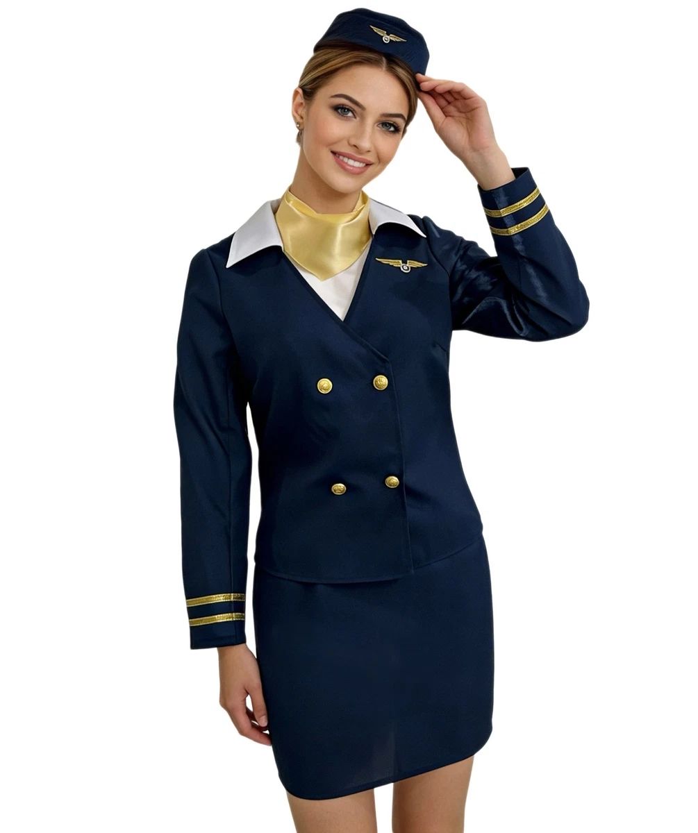Classic Air Hostess Uniform with Gold Trim and Scarf Classic Air Hostess Uniform with Gold Trim and Scarf — Hostess Outfits