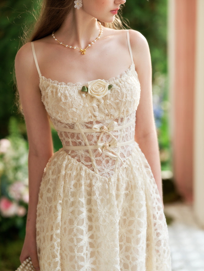 Cream Lace Corset Dress with Sweetheart Neckline and Rose Detail — Princesscore Outfits