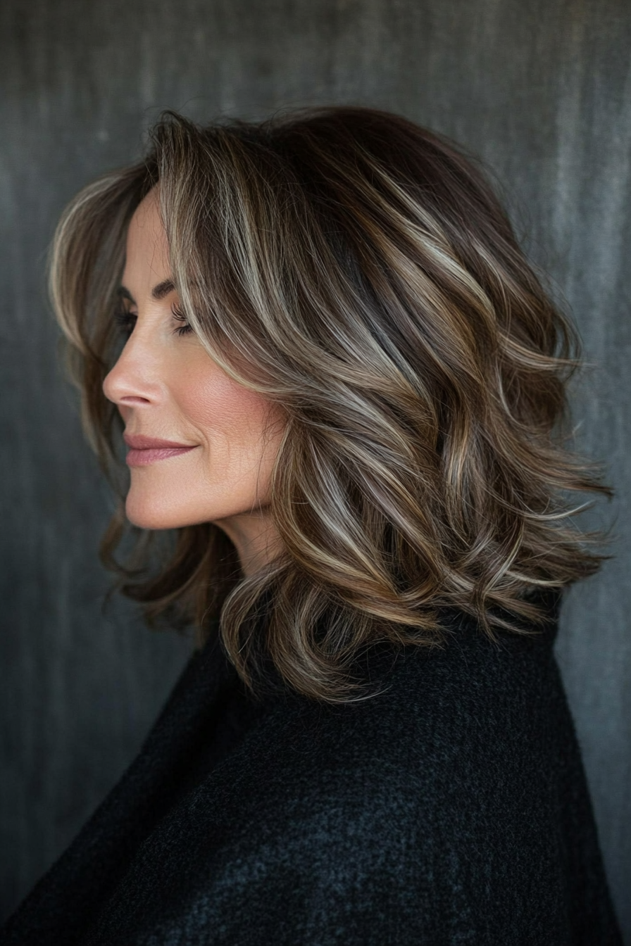 Dimensional Medium Brown Lob With Side Bangs — Layered Hair