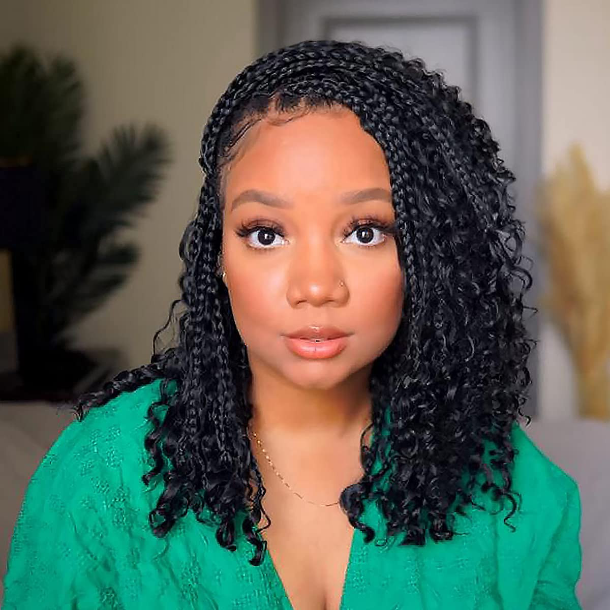 Medium Black Box Braids With Bohemian Ends Medium Black Box Braids With Bohemian Ends — Goddess Box Braids