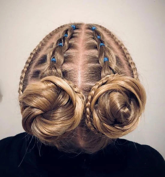 Ash Blonde Double Braided Buns with Scalp Braids — Gymnastics Hairstyles